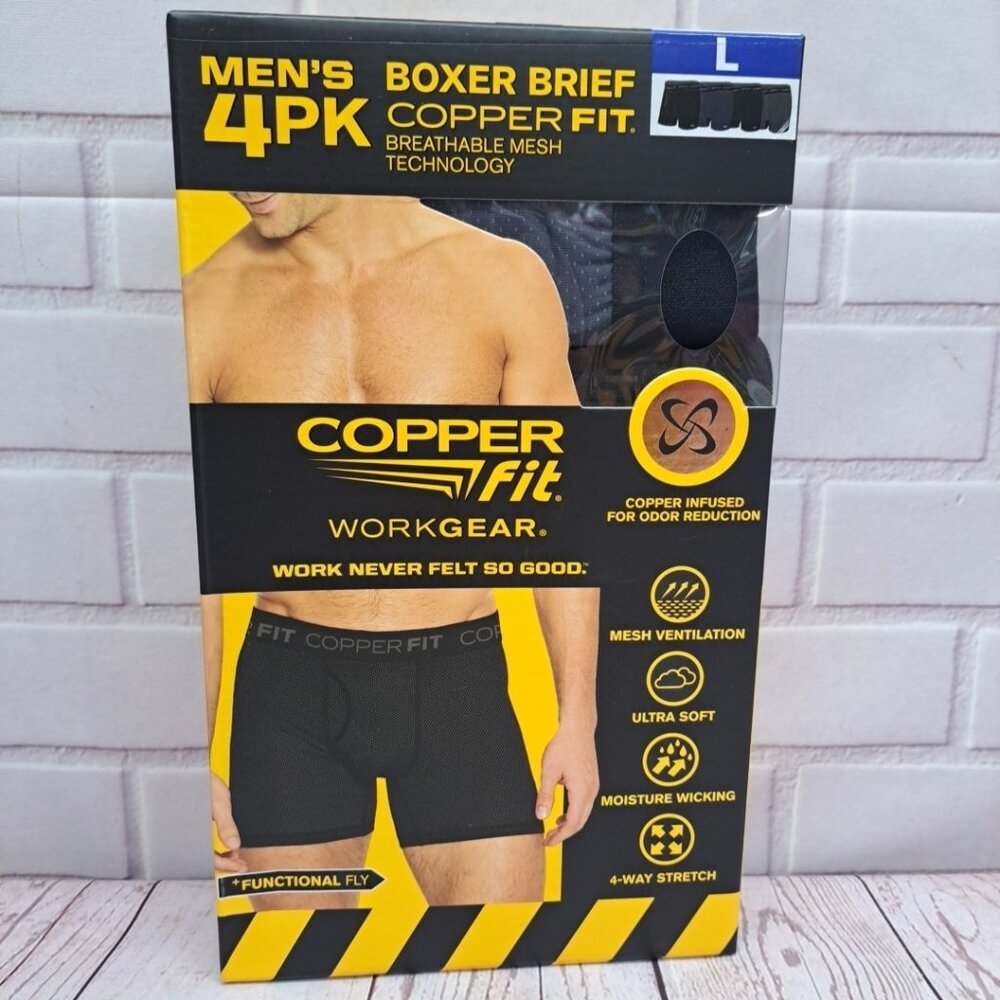4pk Copper Fit Men's Performance Boxer Briefs‎ Size Lrg Copper Infused Work Gear